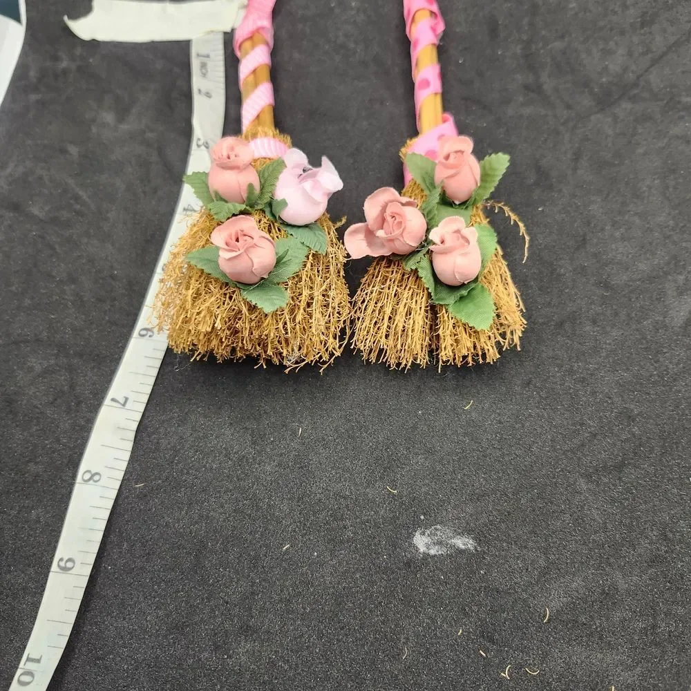 Hand Crafted Set of 2 Decorative Mini Brooms with Pink Roses